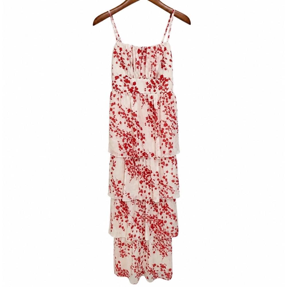 Crystal Doll Red Floral Tiered Maxi Dress White Lurex Metallic Gown Size 7